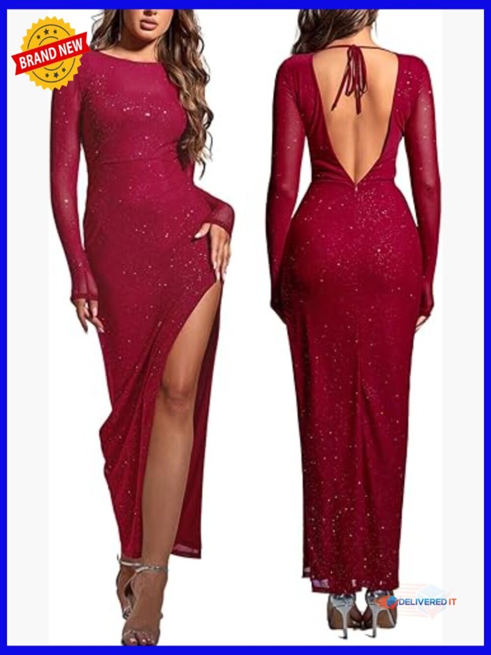 Long Sleeve Sequin Maxi Dress Bodycon Formal Backless Tie Side Split